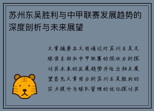 苏州东吴胜利与中甲联赛发展趋势的深度剖析与未来展望