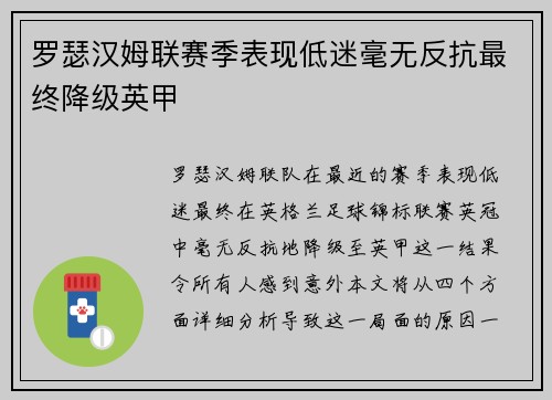 罗瑟汉姆联赛季表现低迷毫无反抗最终降级英甲