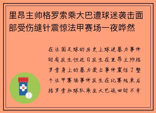 里昂主帅格罗索乘大巴遭球迷袭击面部受伤缝针震惊法甲赛场一夜哗然 里昂主帅格罗索乘大巴遭球迷袭击面部受伤缝针震惊法甲赛场一夜哗然